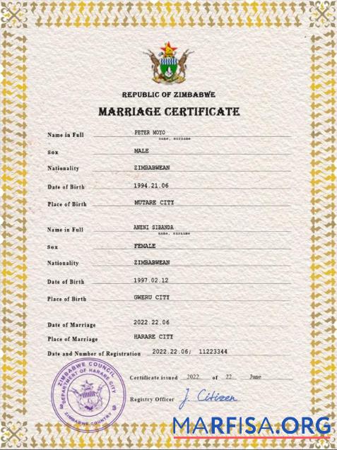 Blank Zimbabwe marriage certificate PSD template